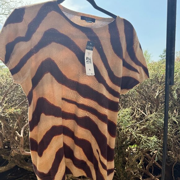 CHAPS Womens Short Sleeve Cotton Animal Print Top Beige Brown XL NEW WITH TAGS - Picture 3 of 9